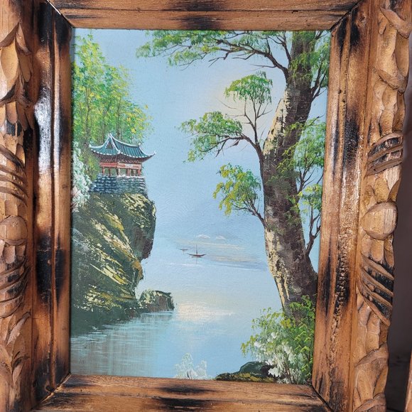 2 Vintage MCM China Scene Oil Paintings ~ One Signed Choe ~ Carved Wood - Picture 4 of 8